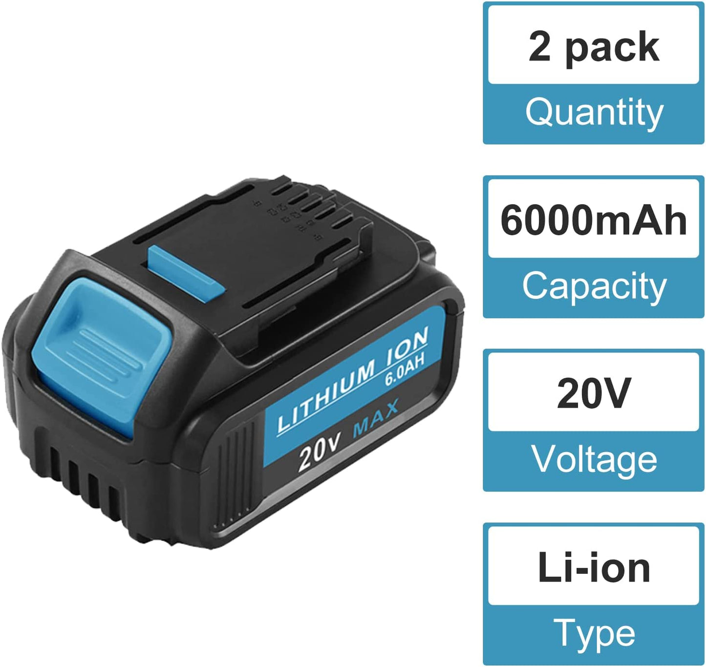 20V 6.0Ah Battery Replacement for DeWalt 20Volt Battery Lithium Ion MAX XR DCB204 DCB206 DCB200 DCB180