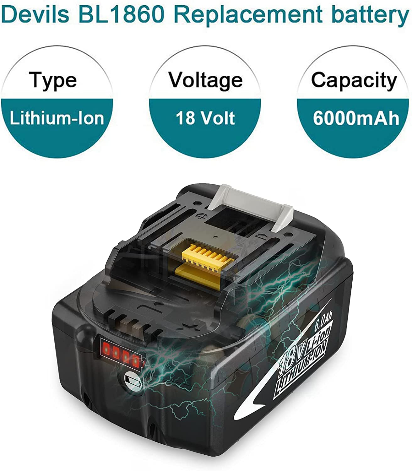 Replacement for Makita 18V Battery Lithium Ion BL1860 BL1850 BL1850B BL1840 BL1840B BL1830 BL1830B BL1815 BL1815B LXT-400 with LED Indicator 2 Packs