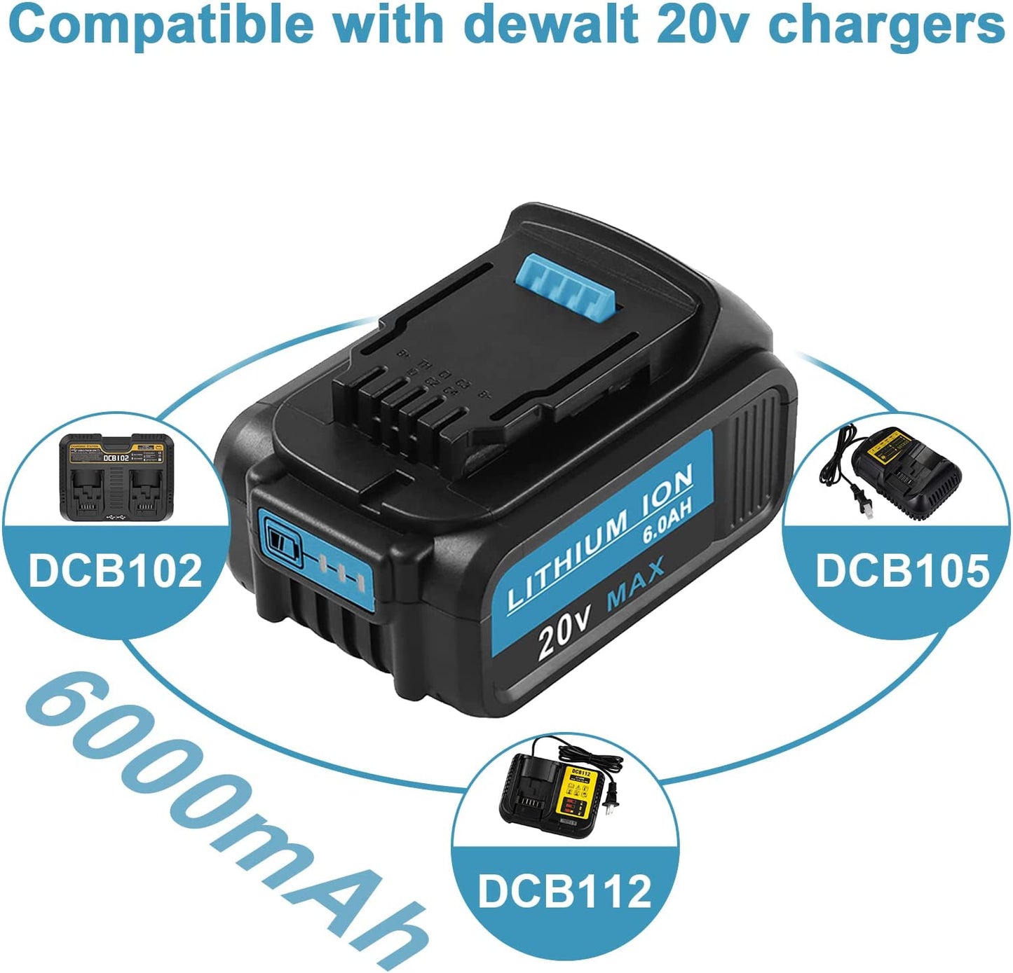 20V 6.0Ah Battery Replacement for DeWalt 20Volt Battery Lithium Ion MAX XR DCB204 DCB206 DCB200 DCB180